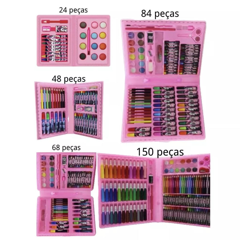 Estojo Maleta de Pintura Infantil - Kits de 24 a 150 Peças com Canetinhas, Giz, Lápis e Desenhos para Colorir