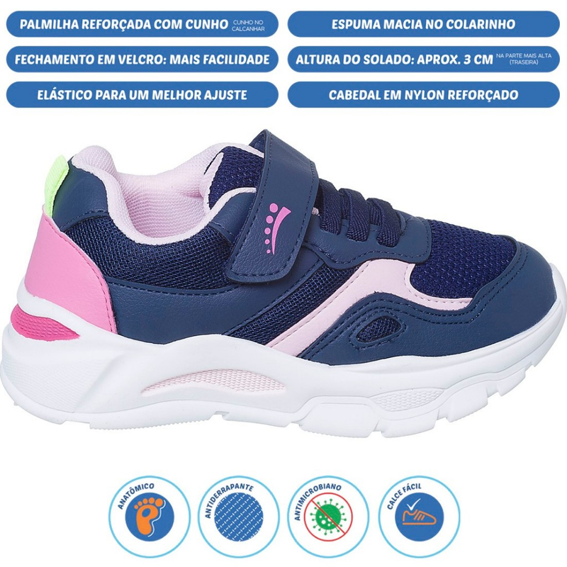 Tênis Infantil Ortopasso Wave Menina Azul Marinho Cinza