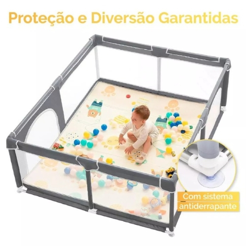 Cercadinho Chiqueirinho Infantil Bebê Cinza Portátil Com Tela 180x150