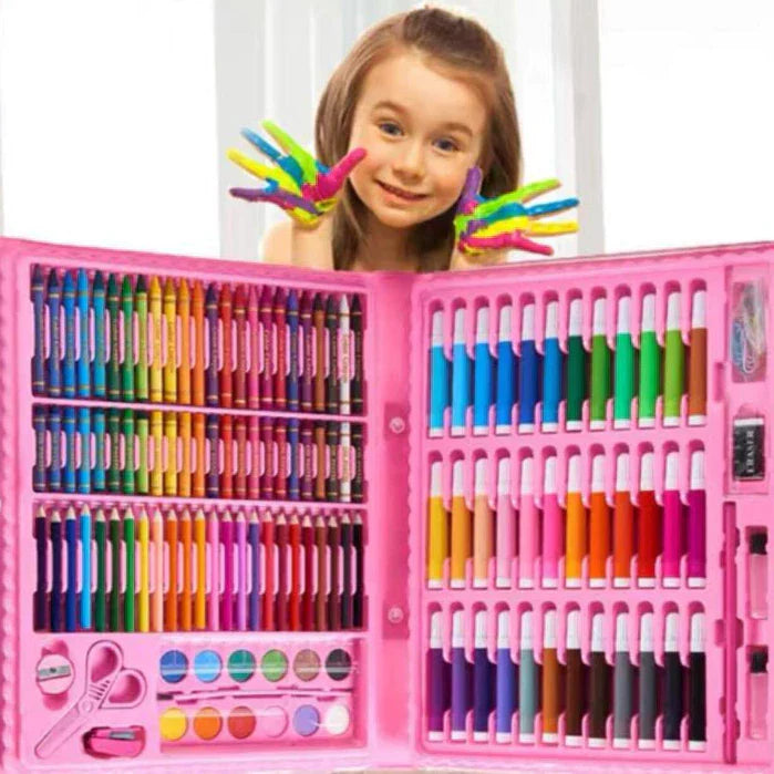 Estojo Maleta de Pintura Infantil - Kits de 24 a 150 Peças com Canetinhas, Giz, Lápis e Desenhos para Colorir